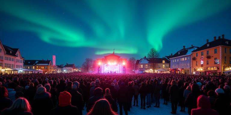 Festival på torget i Tromsø med folk og nordlys