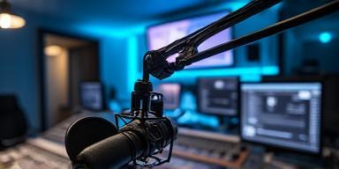 Radiostudio med mikrofoner og skjerm – nordnorsk stemning.